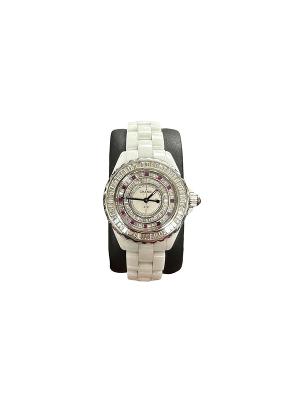 CHANEL J12 White Ceramic Quartz Watch with Baguette Stone Bezel & Dial | Authentic Pre-Owned Luxury