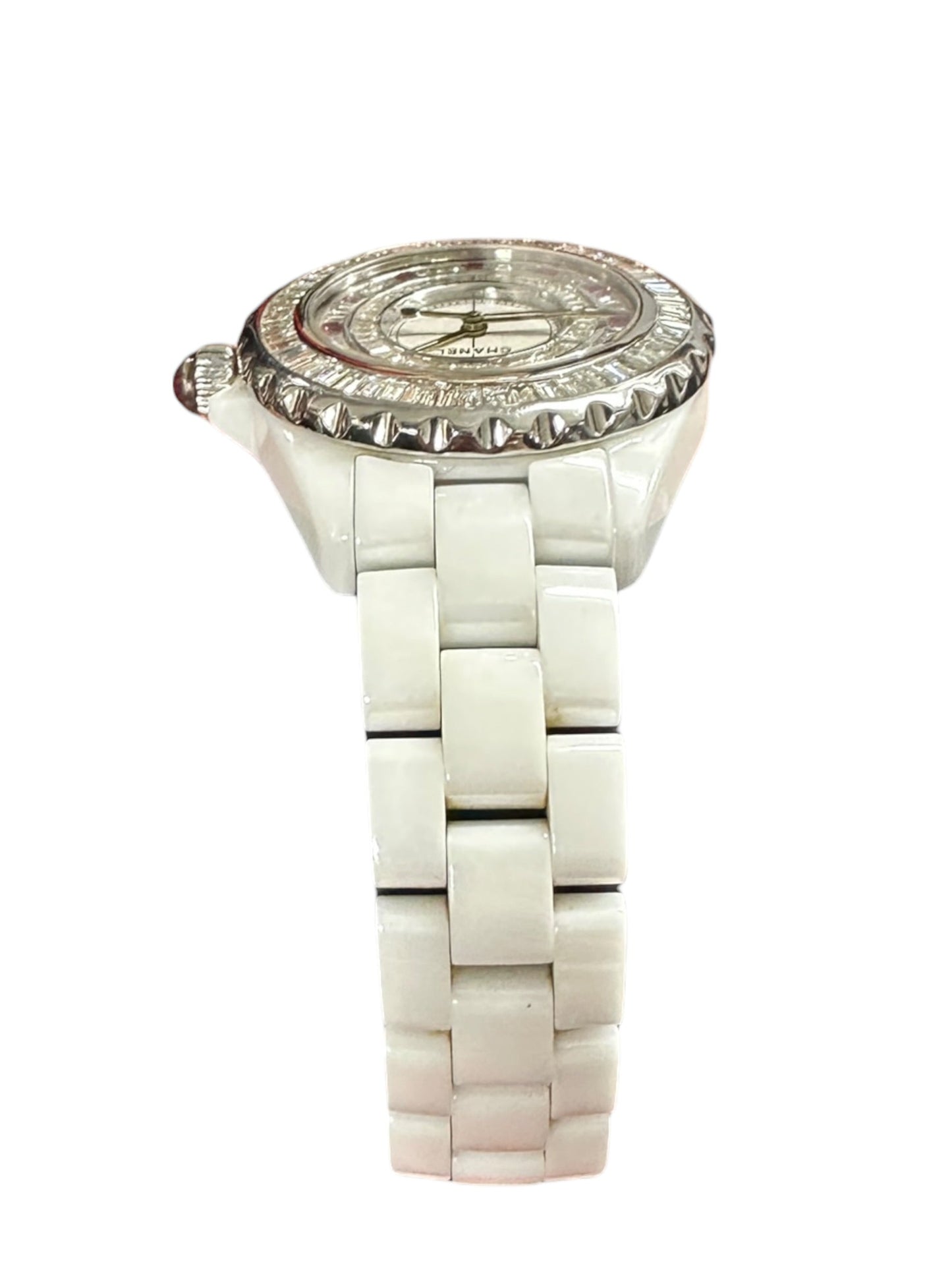 CHANEL J12 White Ceramic Quartz Watch with Baguette Stone Bezel & Dial | Authentic Pre-Owned Luxury