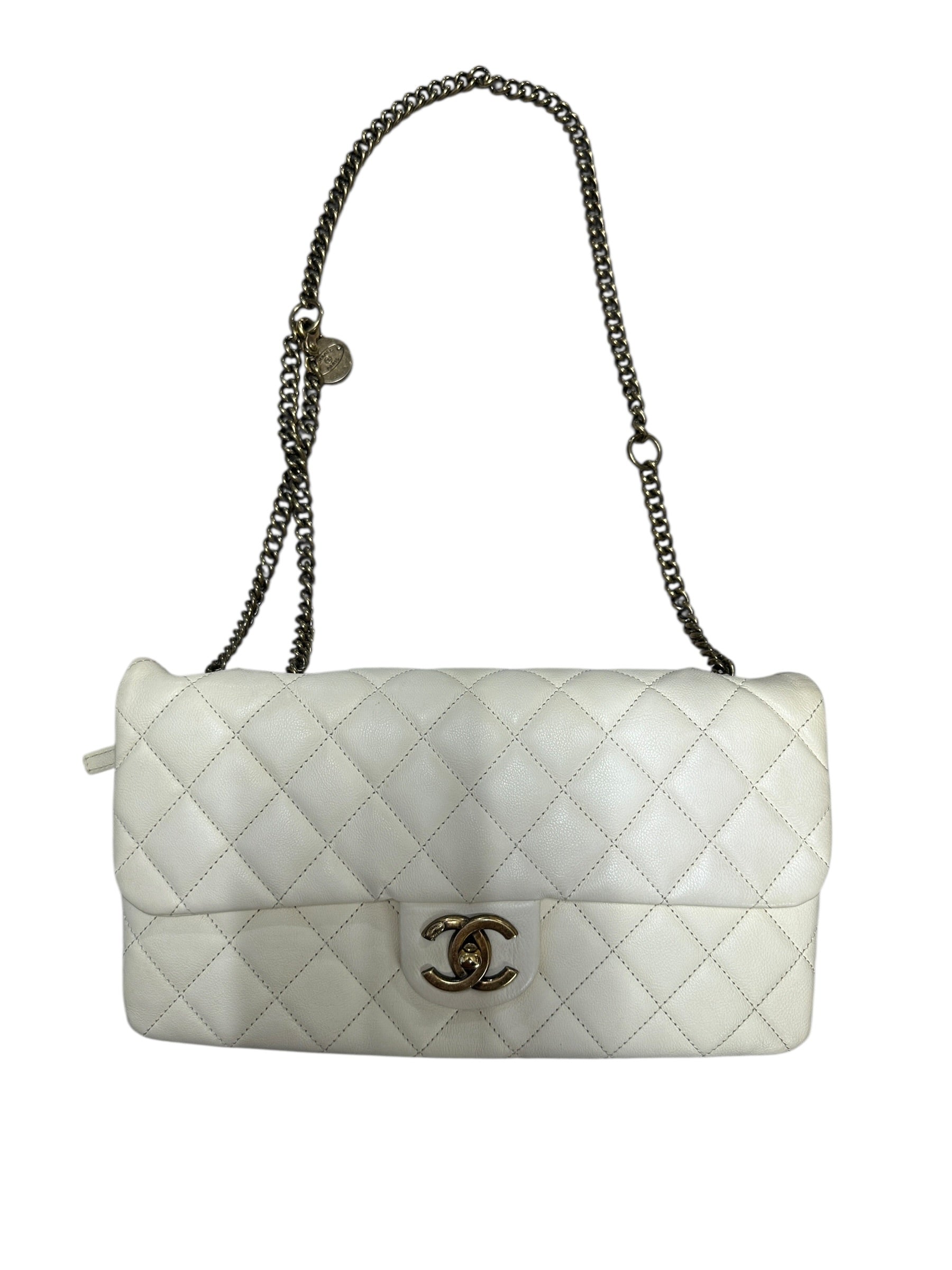 CHANEL Quilted Leather Expandable Flap Bag Chain Shoulder Off-White | Authentic Pre-Owned Luxury