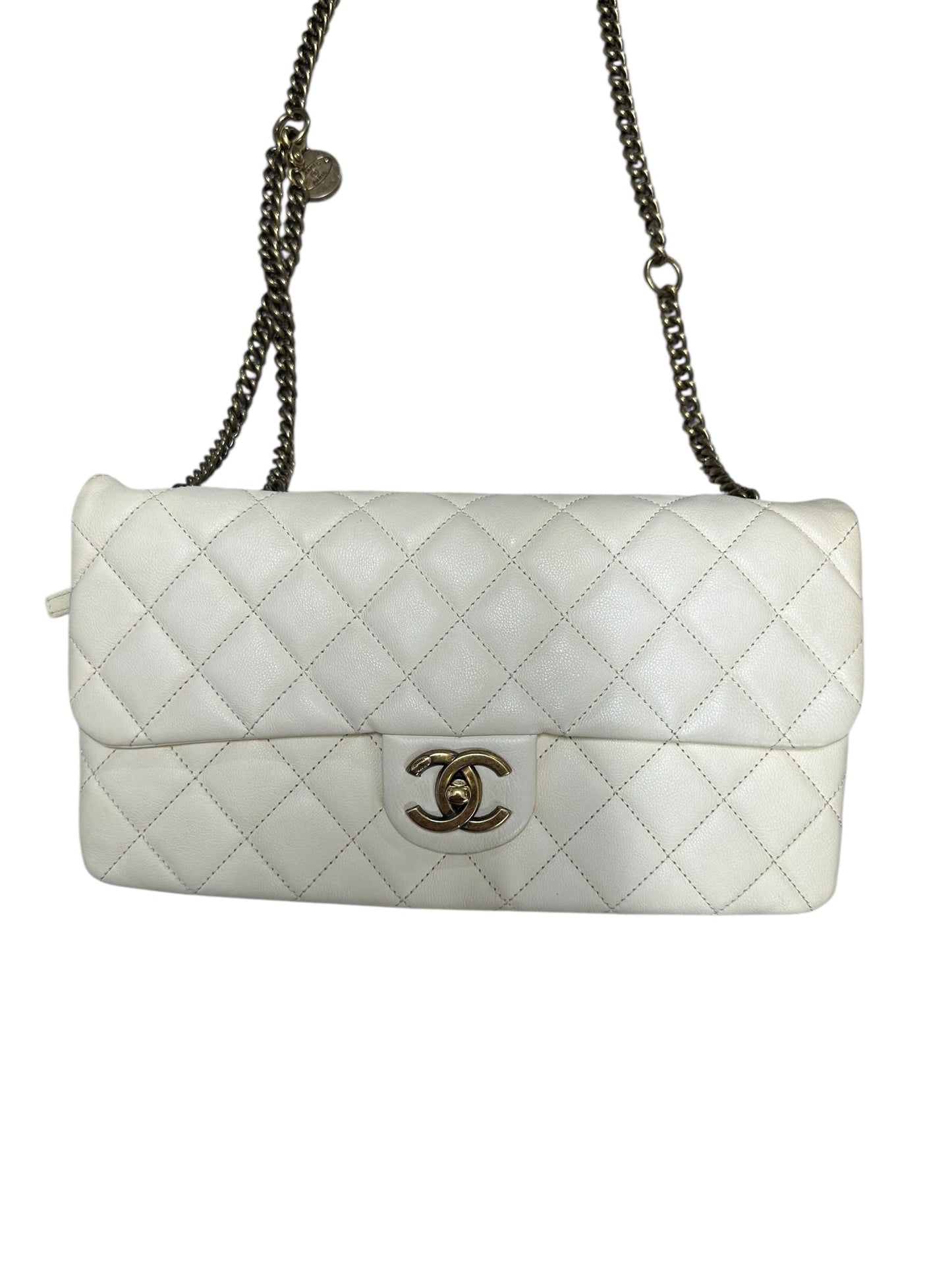 CHANEL Quilted Leather Expandable Flap Bag Chain Shoulder Off-White | Authentic Pre-Owned Luxury