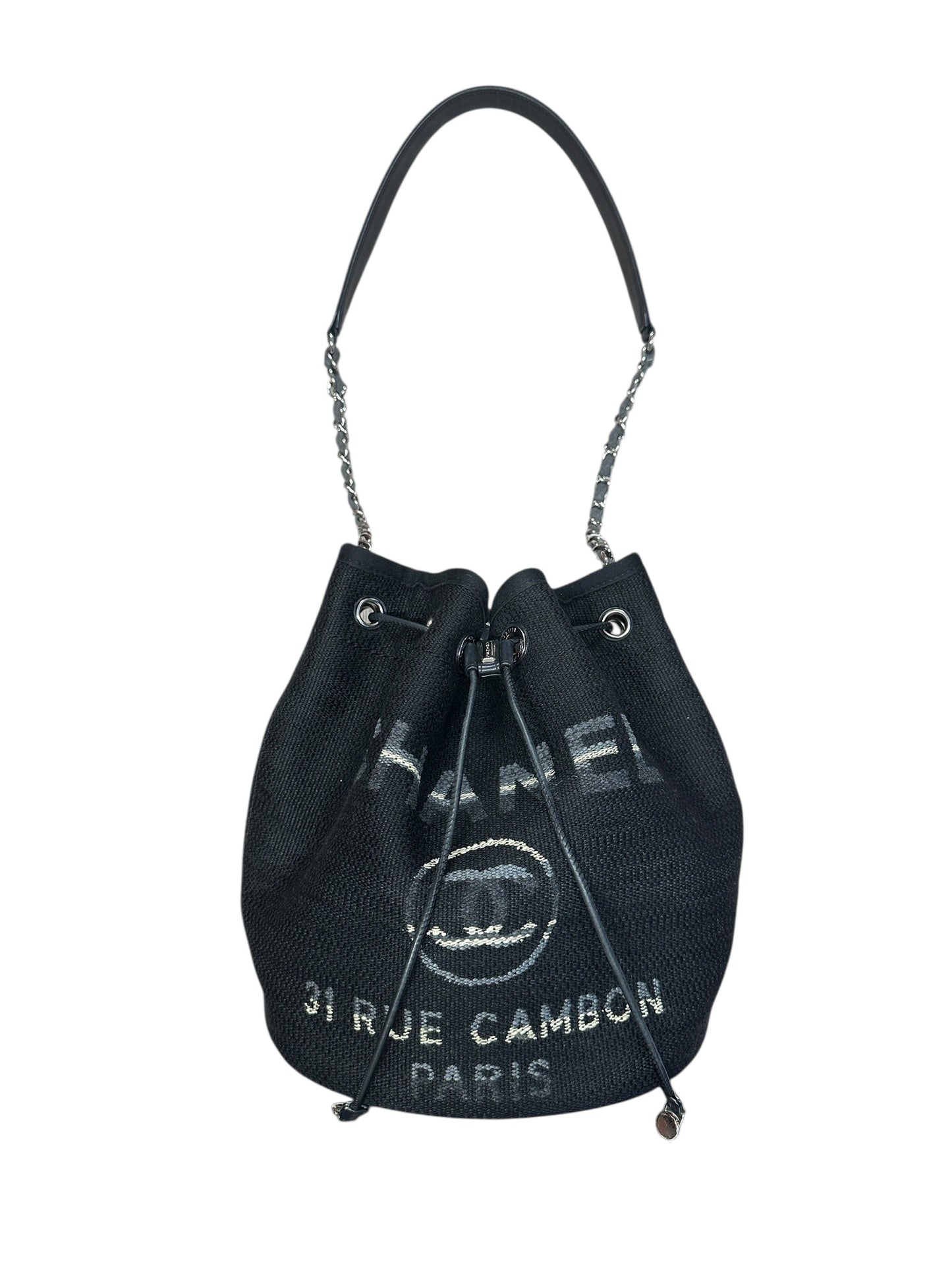 CHANEL Deauville Drawstring Bucket Bag Black Silver Hardware | Authentic Pre-Owned Luxury