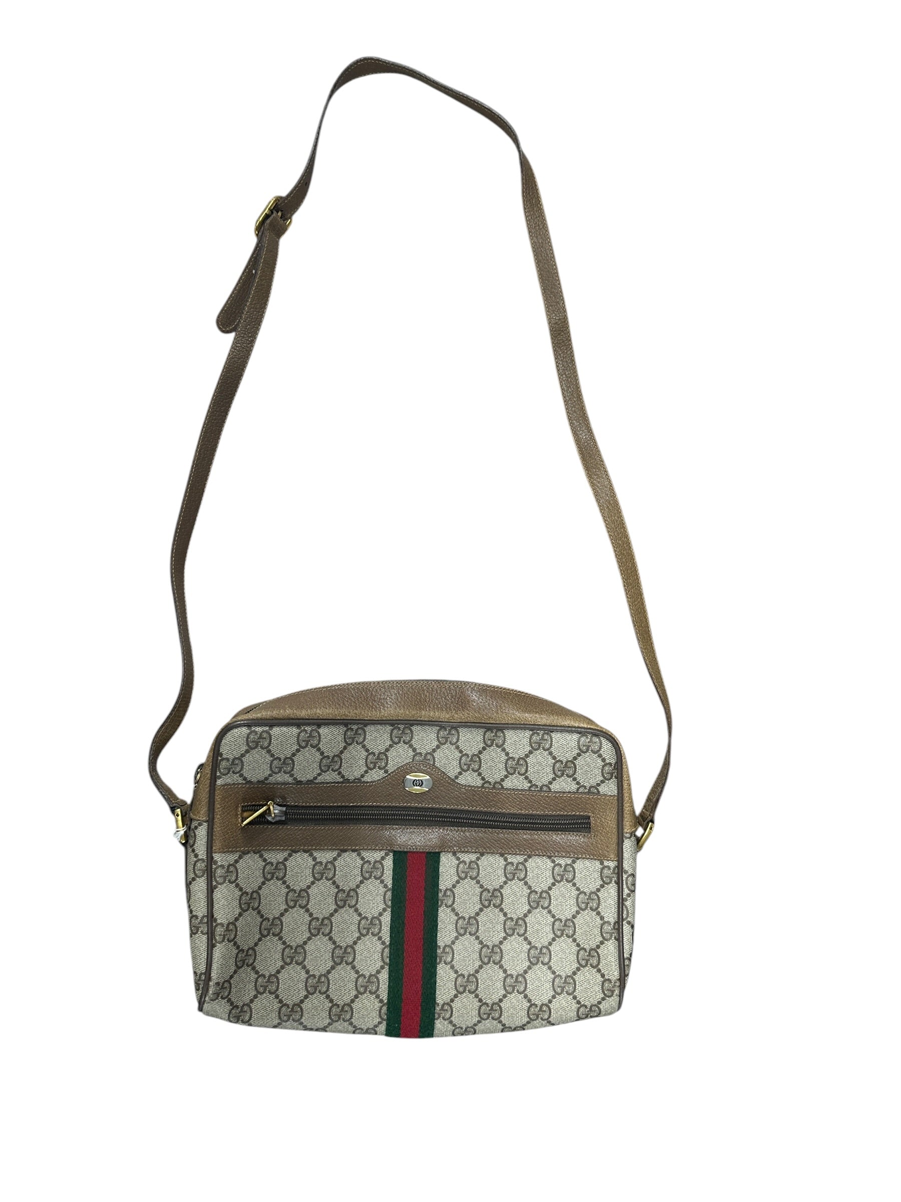 GUCCI GG Supreme Web Stripe Crossbody Bag Beige/Brown Gold Hardware | Authentic Pre-Owned Luxury