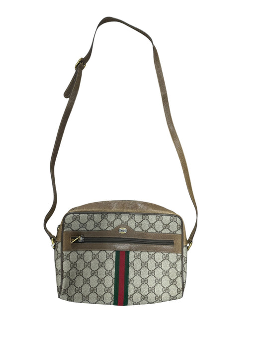 GUCCI GG Supreme Web Stripe Crossbody Bag Beige/Brown Gold Hardware | Authentic Pre-Owned Luxury