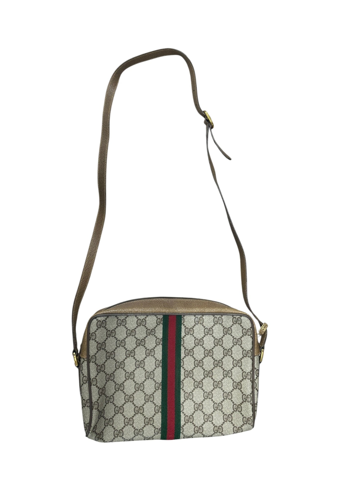GUCCI GG Supreme Web Stripe Crossbody Bag Beige/Brown Gold Hardware | Authentic Pre-Owned Luxury