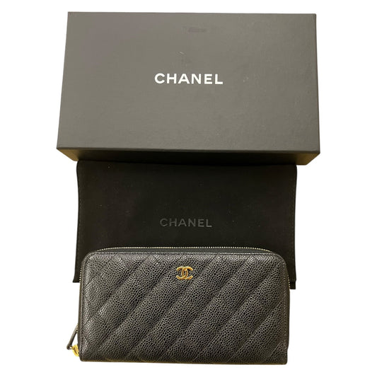 CHANEL Caviar Quilted Zip Around Long Wallet Black Gold Hardware | Authentic Pre-Owned Luxury