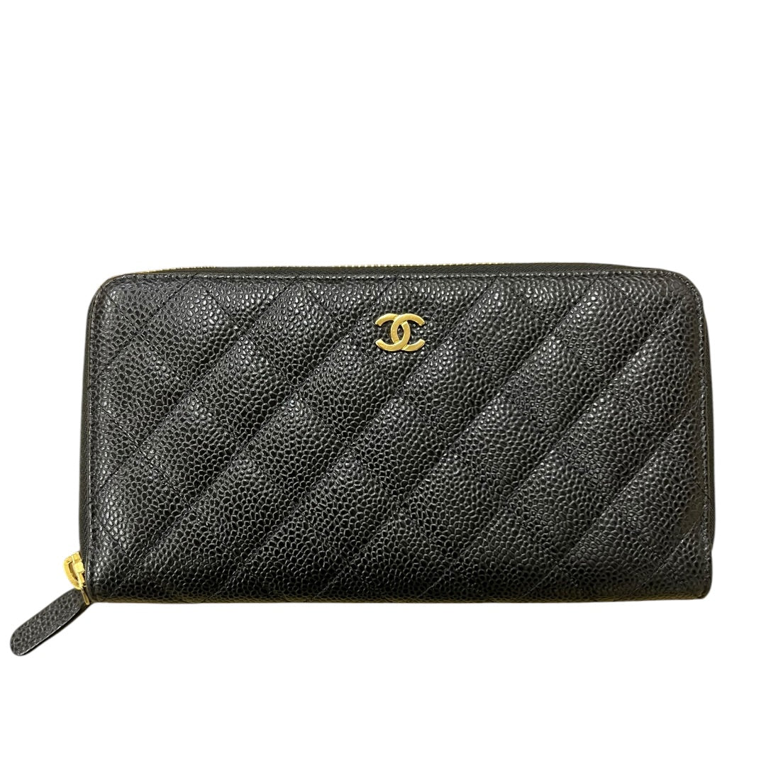 CHANEL Caviar Quilted Zip Around Long Wallet Black Gold Hardware | Authentic Pre-Owned Luxury