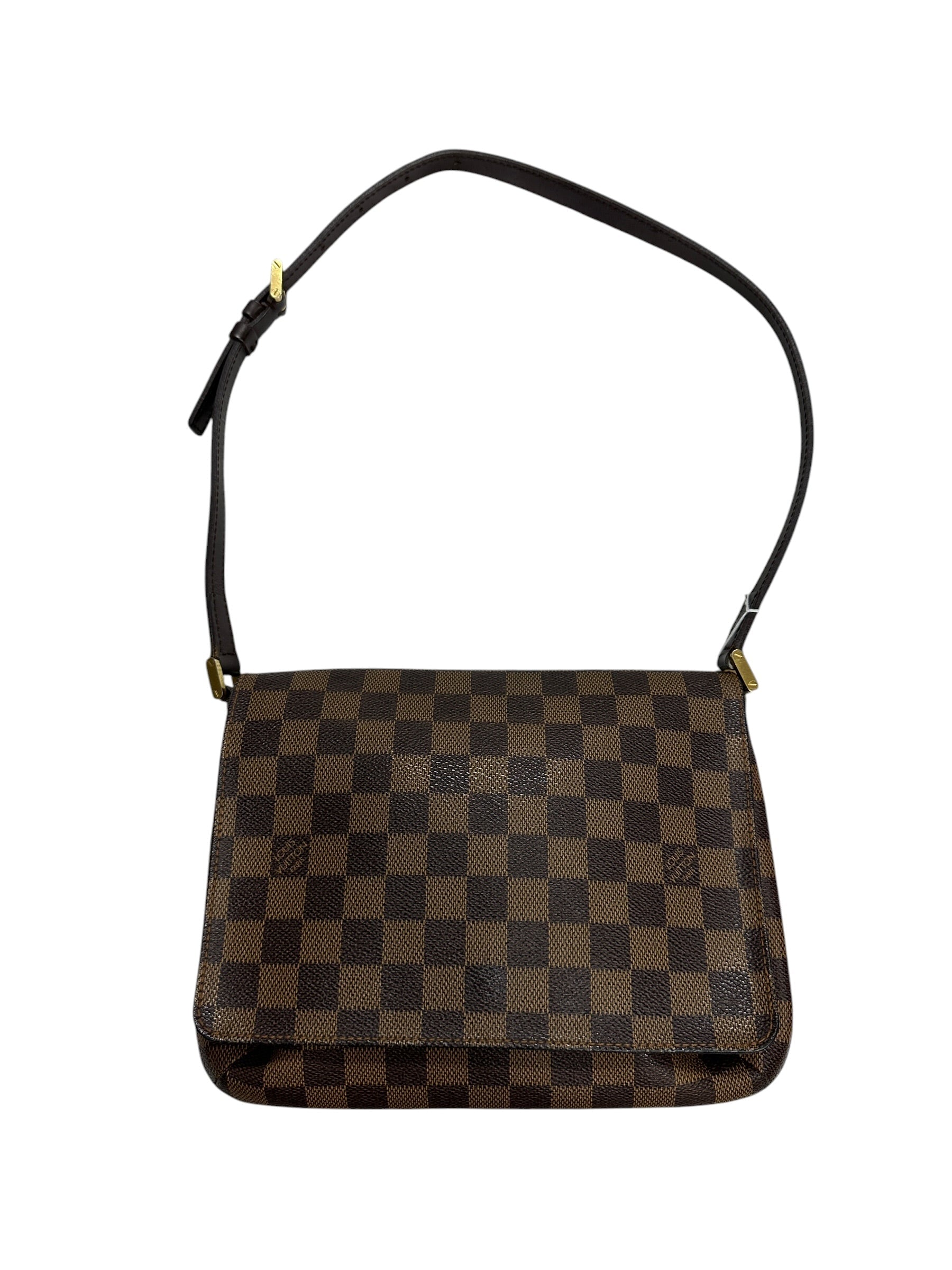 LOUIS VUITTON Damier Ebene Musette Tango Shoulder Bag Brown Gold Hardware | Authentic Pre-Owned Luxury