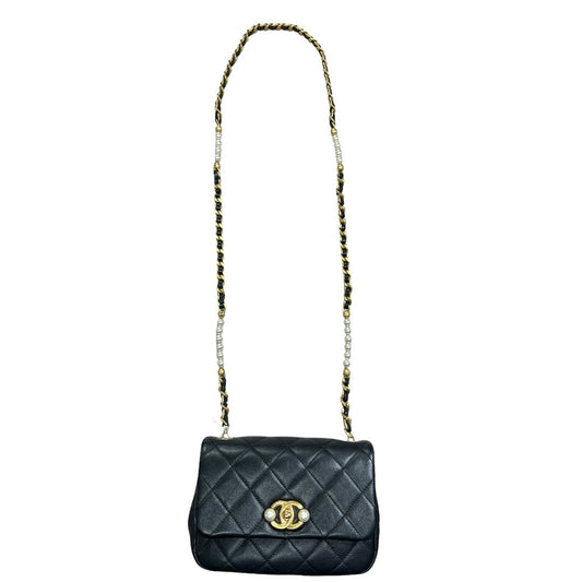 CHANEL Lambskin Mini Flap Bag with Pearl Chain Black Gold Hardware | Authentic Pre-Owned Luxury