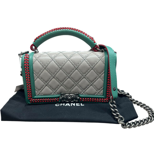 CHANEL Boy Bag Old Medium Tricolor Quilted Lambskin Grey Turquoise Silver Hardware | Authentic Pre-Owned Luxury