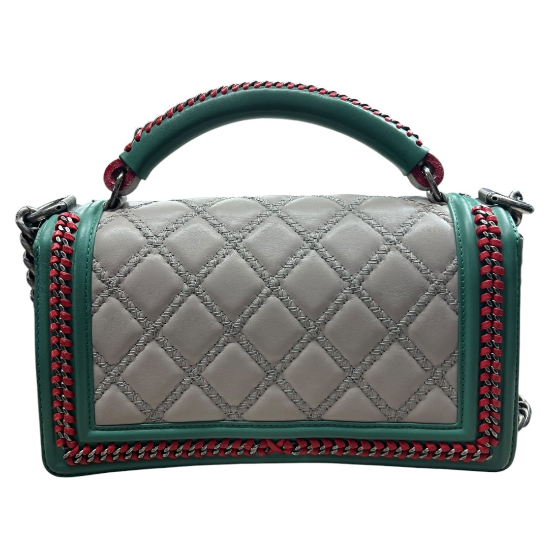 CHANEL Boy Bag Old Medium Tricolor Quilted Lambskin Grey Turquoise Silver Hardware | Authentic Pre-Owned Luxury
