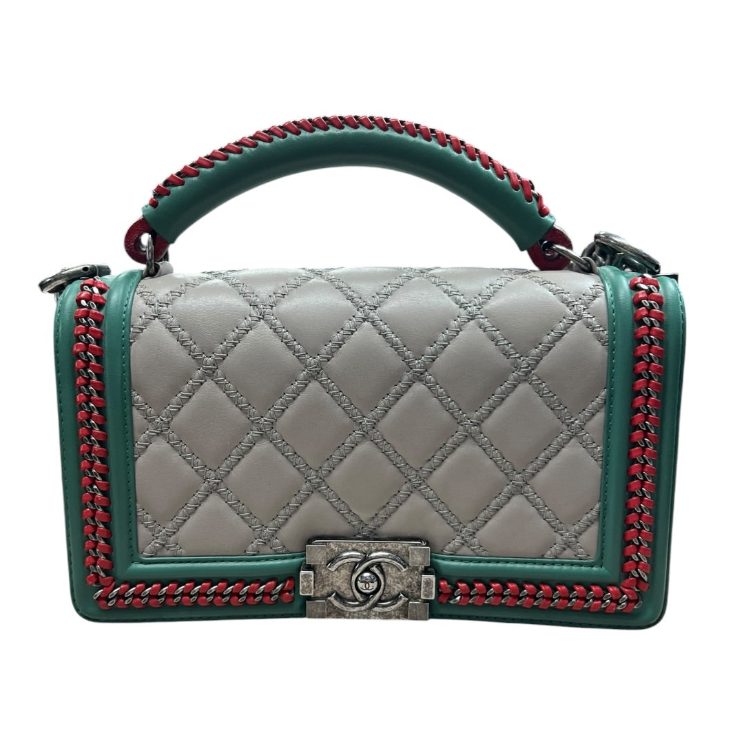 CHANEL Boy Bag Old Medium Tricolor Quilted Lambskin Grey Turquoise Silver Hardware | Authentic Pre-Owned Luxury