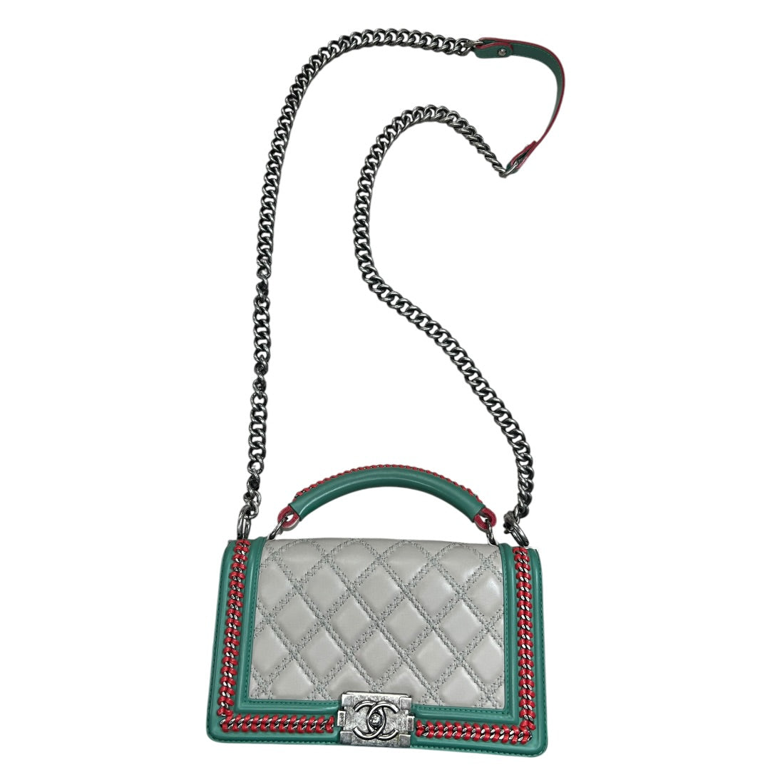 CHANEL Boy Bag Old Medium Tricolor Quilted Lambskin Grey Turquoise Silver Hardware | Authentic Pre-Owned Luxury