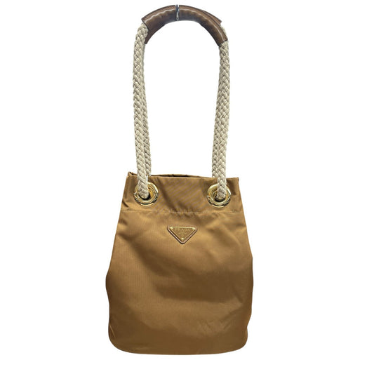 PRADA Tessuto Nylon Rope Handle Bucket Shoulder Bag Camel Gold Hardware | Authentic Pre-Owned Luxury