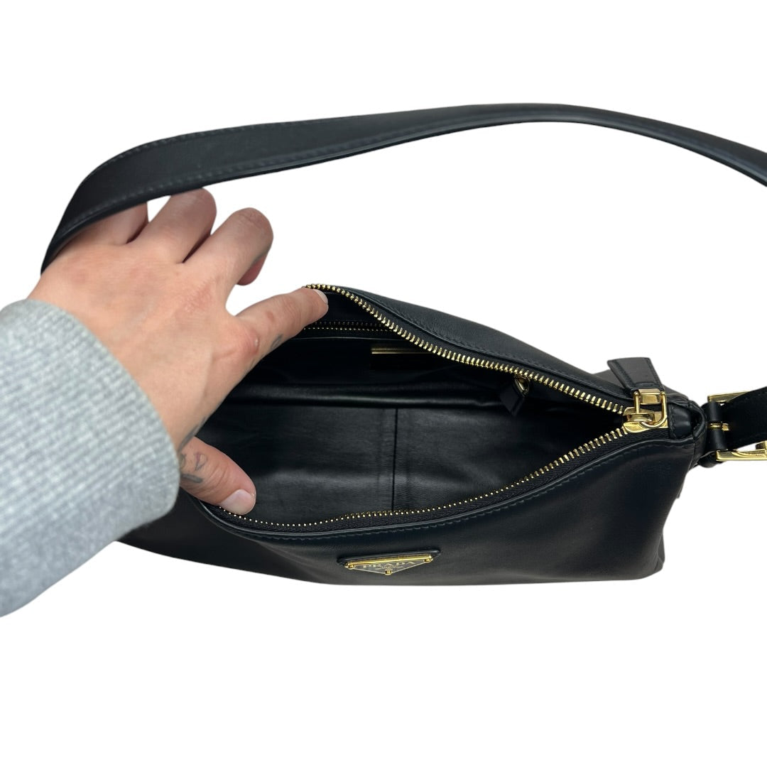 PRADA Smooth Leather Triangle Logo Hobo Shoulder Bag Black Gold Hardware | Authentic Pre-Owned Luxury