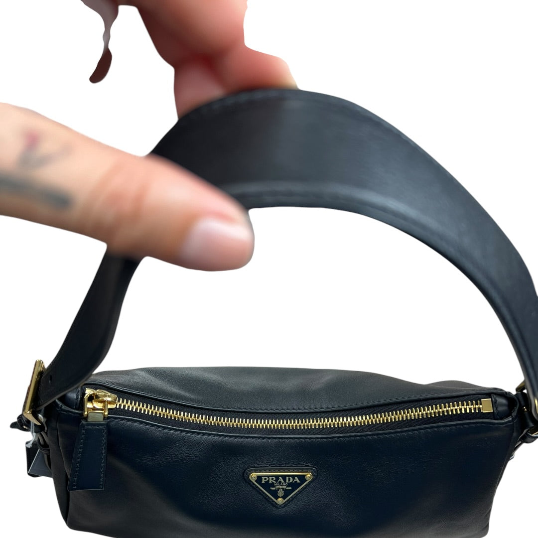 PRADA Smooth Leather Triangle Logo Hobo Shoulder Bag Black Gold Hardware | Authentic Pre-Owned Luxury