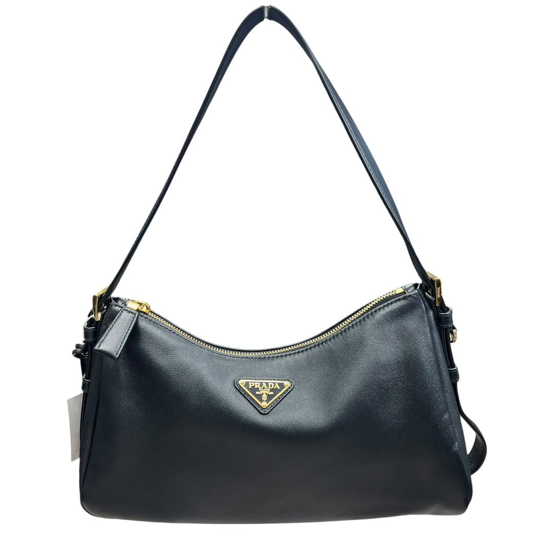 PRADA Smooth Leather Triangle Logo Hobo Shoulder Bag Black Gold Hardware | Authentic Pre-Owned Luxury