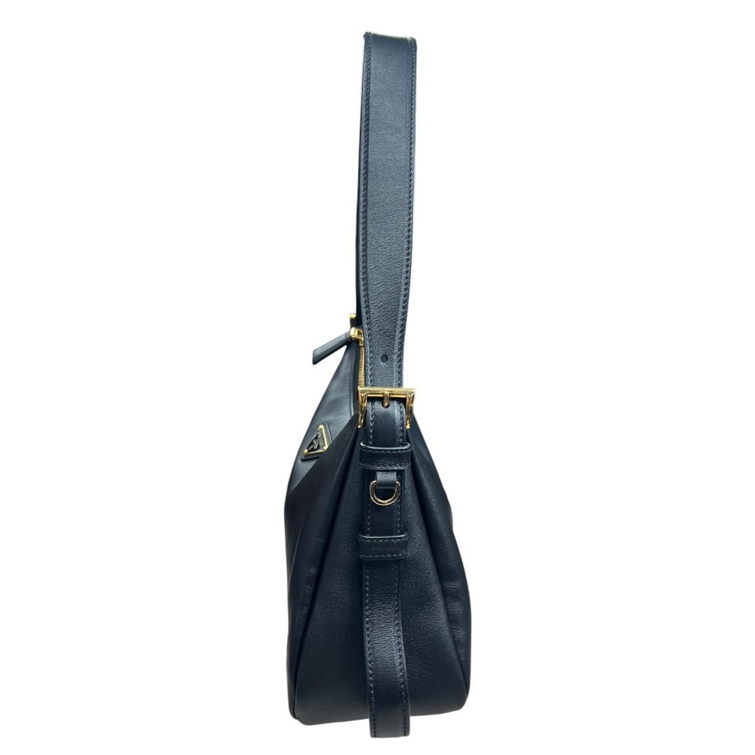 PRADA Smooth Leather Triangle Logo Hobo Shoulder Bag Black Gold Hardware | Authentic Pre-Owned Luxury