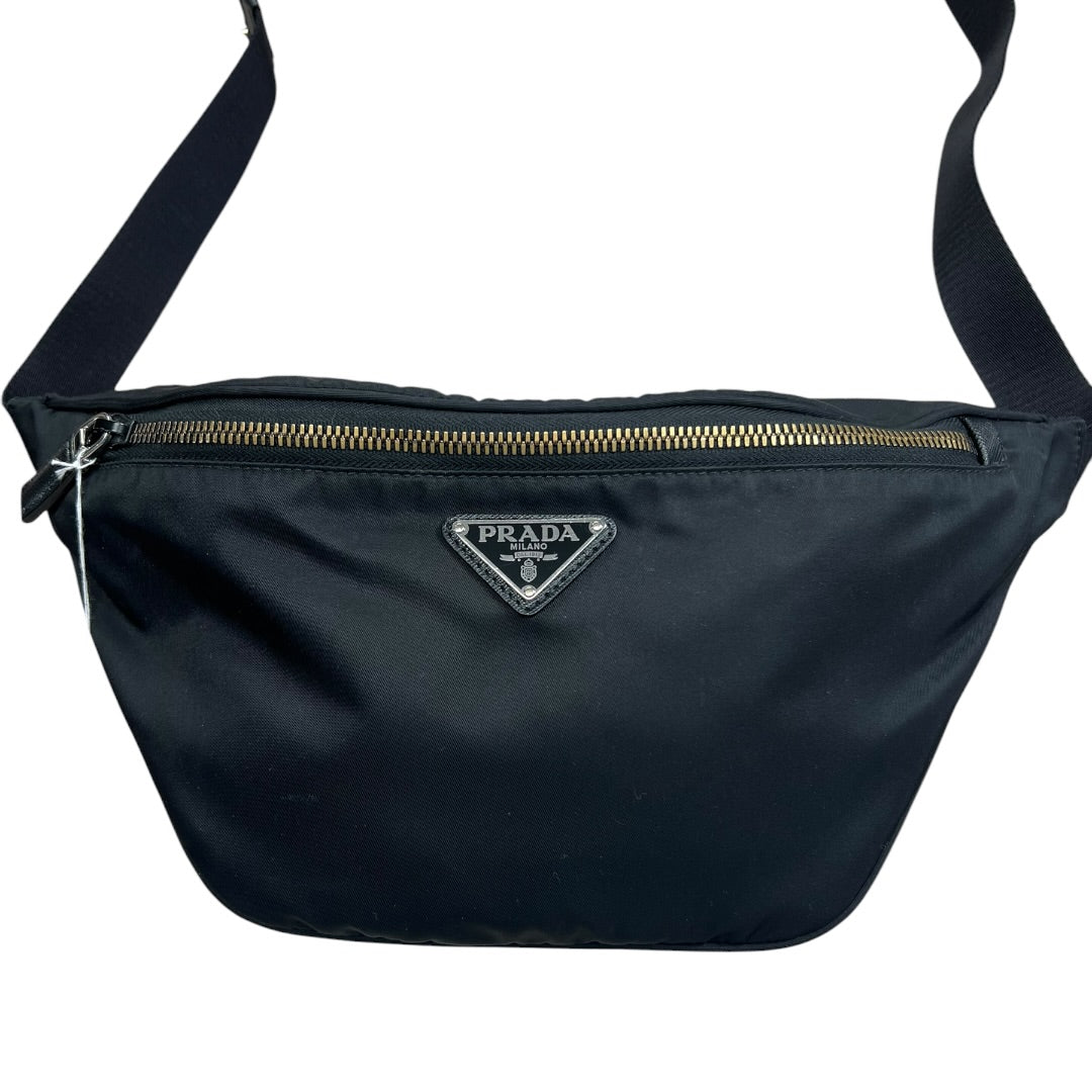 PRADA Tessuto Nylon Triangle Logo Belt Bag Crossbody Sling Black Silver Hardware | Authentic Pre-Owned Luxury