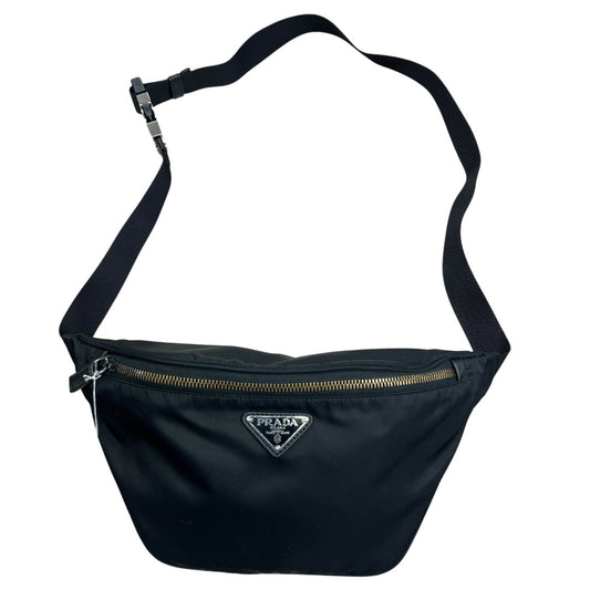 PRADA Tessuto Nylon Triangle Logo Belt Bag Crossbody Sling Black Silver Hardware | Authentic Pre-Owned Luxury