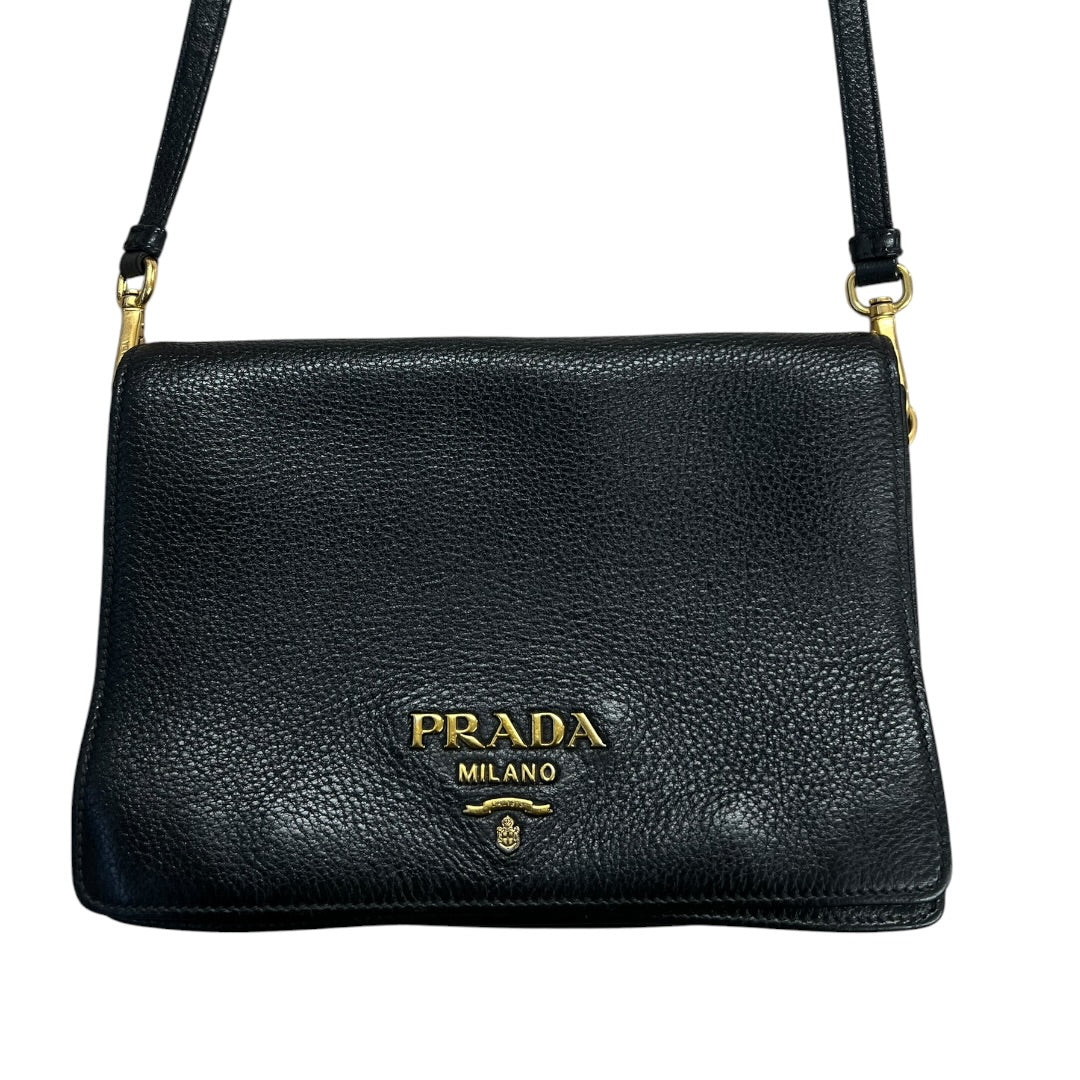 PRADA Vitello Daino Pebbled Leather Crossbody Flap Bag Black Gold Hardware | Authentic Pre-Owned Luxury