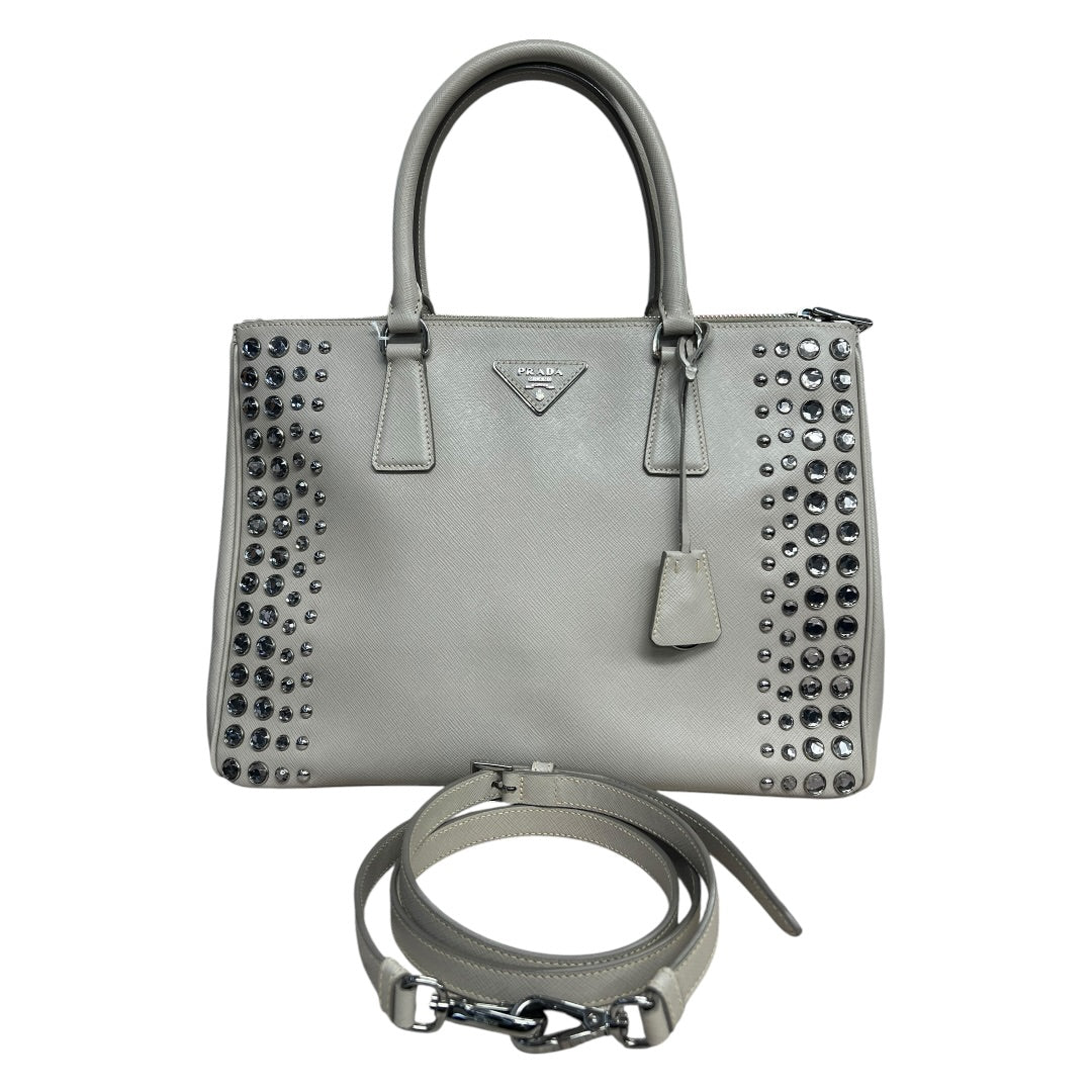 PRADA Saffiano Studded Galleria Tote Handbag Light Gray Silver Hardware | Authentic Pre-Owned Luxury