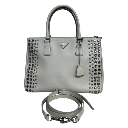PRADA Saffiano Studded Galleria Tote Handbag Light Gray Silver Hardware | Authentic Pre-Owned Luxury