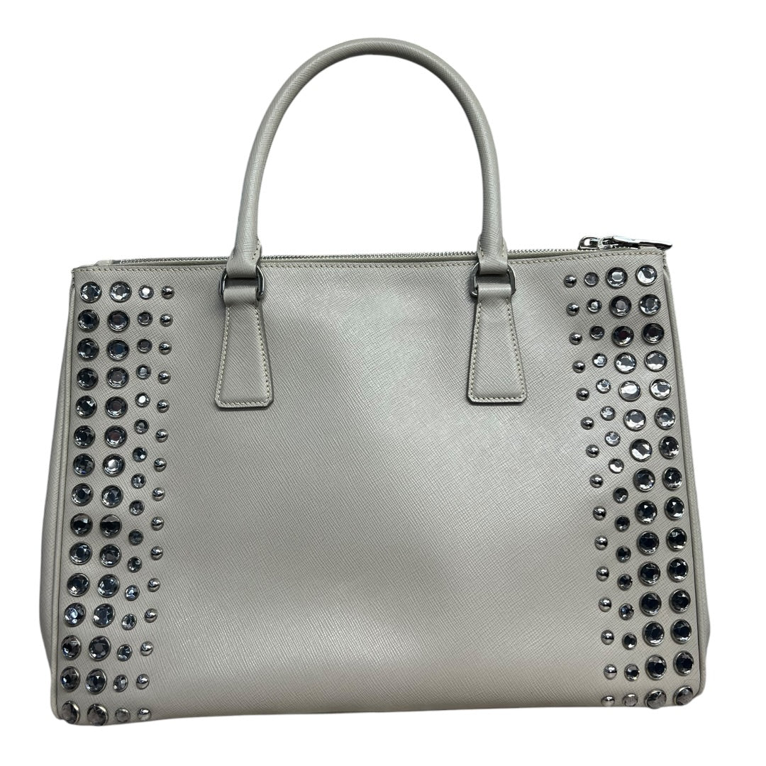 PRADA Saffiano Studded Galleria Tote Handbag Light Gray Silver Hardware | Authentic Pre-Owned Luxury