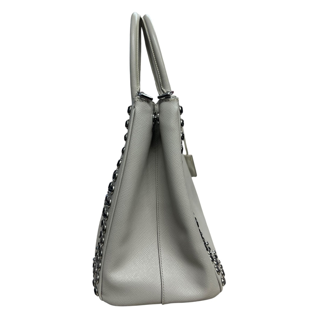 PRADA Saffiano Studded Galleria Tote Handbag Light Gray Silver Hardware | Authentic Pre-Owned Luxury