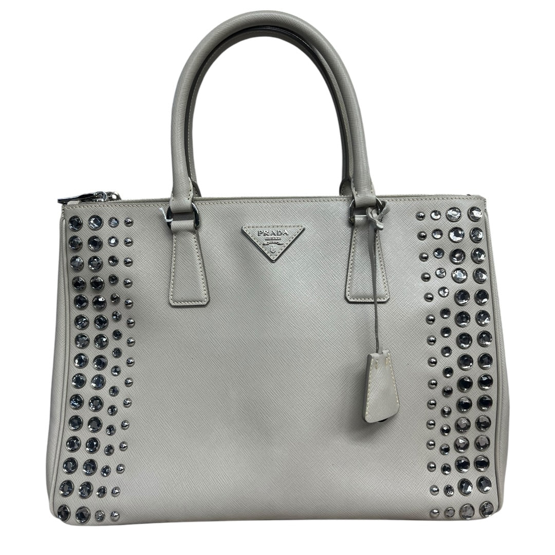 PRADA Saffiano Studded Galleria Tote Handbag Light Gray Silver Hardware | Authentic Pre-Owned Luxury