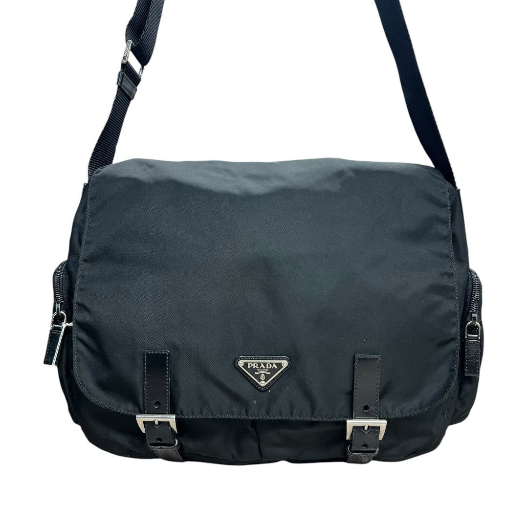 PRADA Tessuto Nylon Messenger Crossbody Bag Black Silver Hardware | Authentic Pre-Owned Luxury