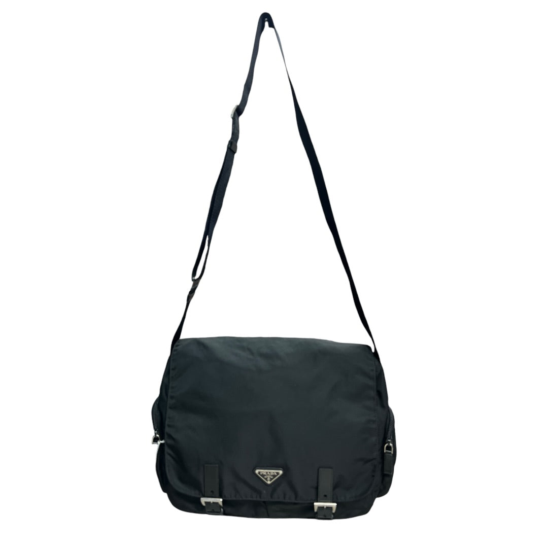 PRADA Tessuto Nylon Messenger Crossbody Bag Black Silver Hardware | Authentic Pre-Owned Luxury