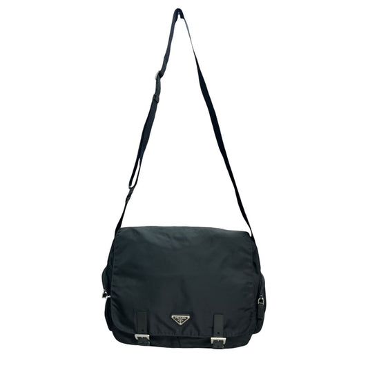 PRADA Tessuto Nylon Messenger Crossbody Bag Black Silver Hardware | Authentic Pre-Owned Luxury