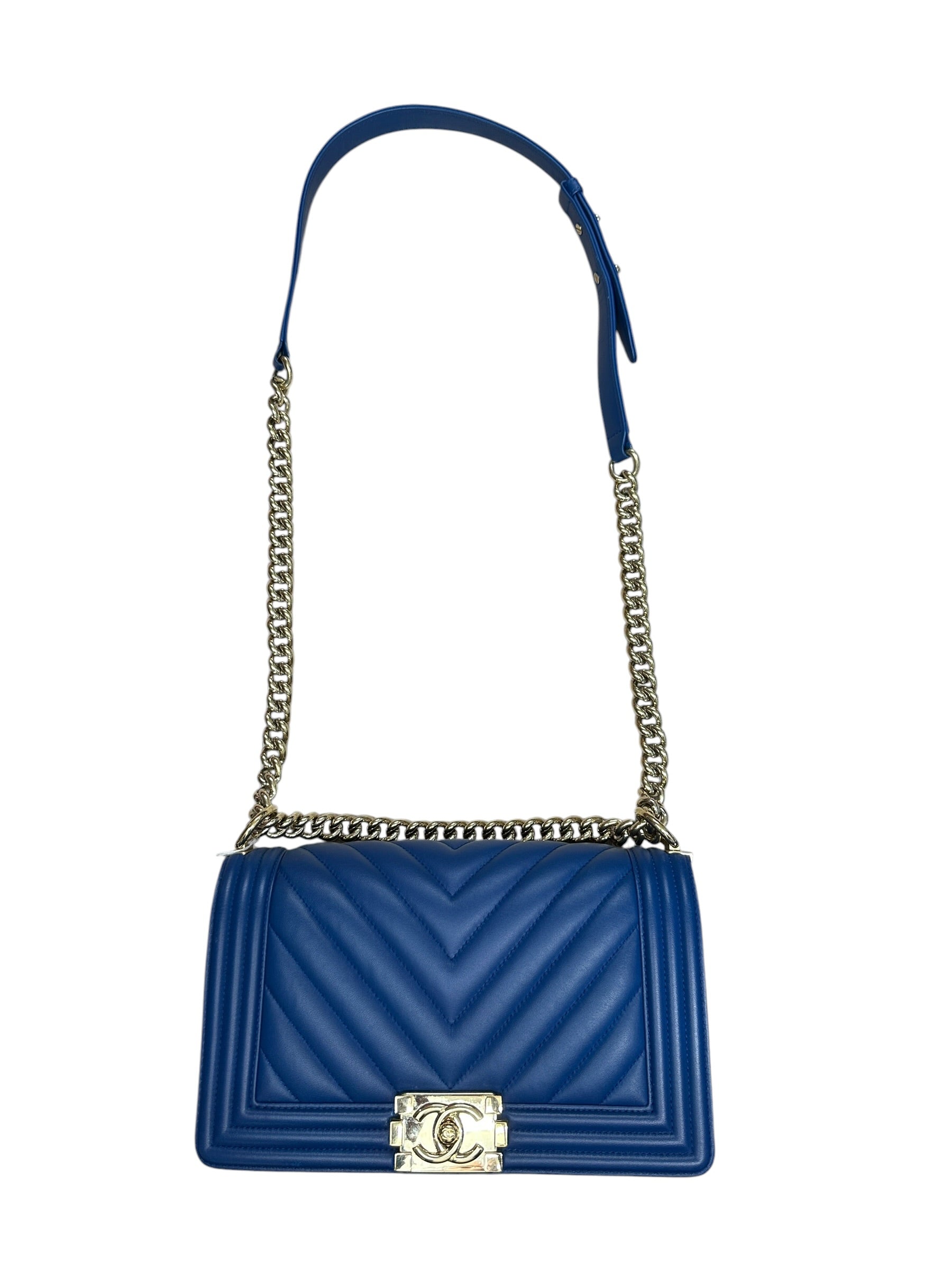 CHANEL Lambskin Boy Bag Old Medium Chevron Flap Blue Gold Hardware | Authentic Pre-Owned Luxury