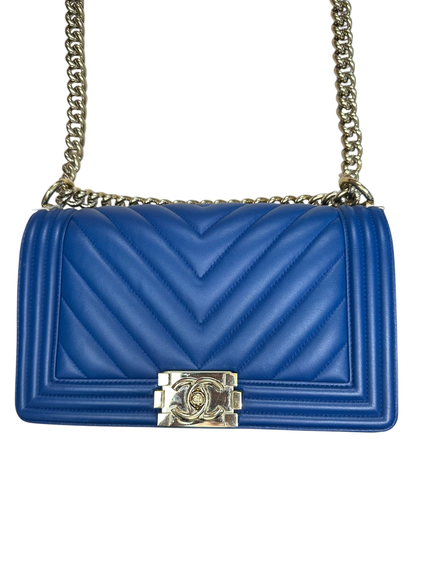 CHANEL Lambskin Boy Bag Old Medium Chevron Flap Blue Gold Hardware | Authentic Pre-Owned Luxury