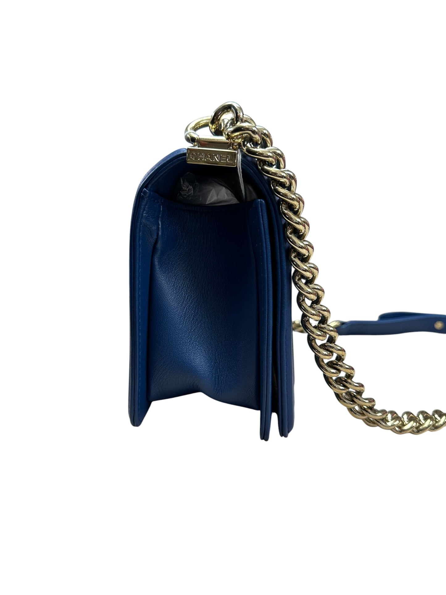 CHANEL Lambskin Boy Bag Old Medium Chevron Flap Blue Gold Hardware | Authentic Pre-Owned Luxury