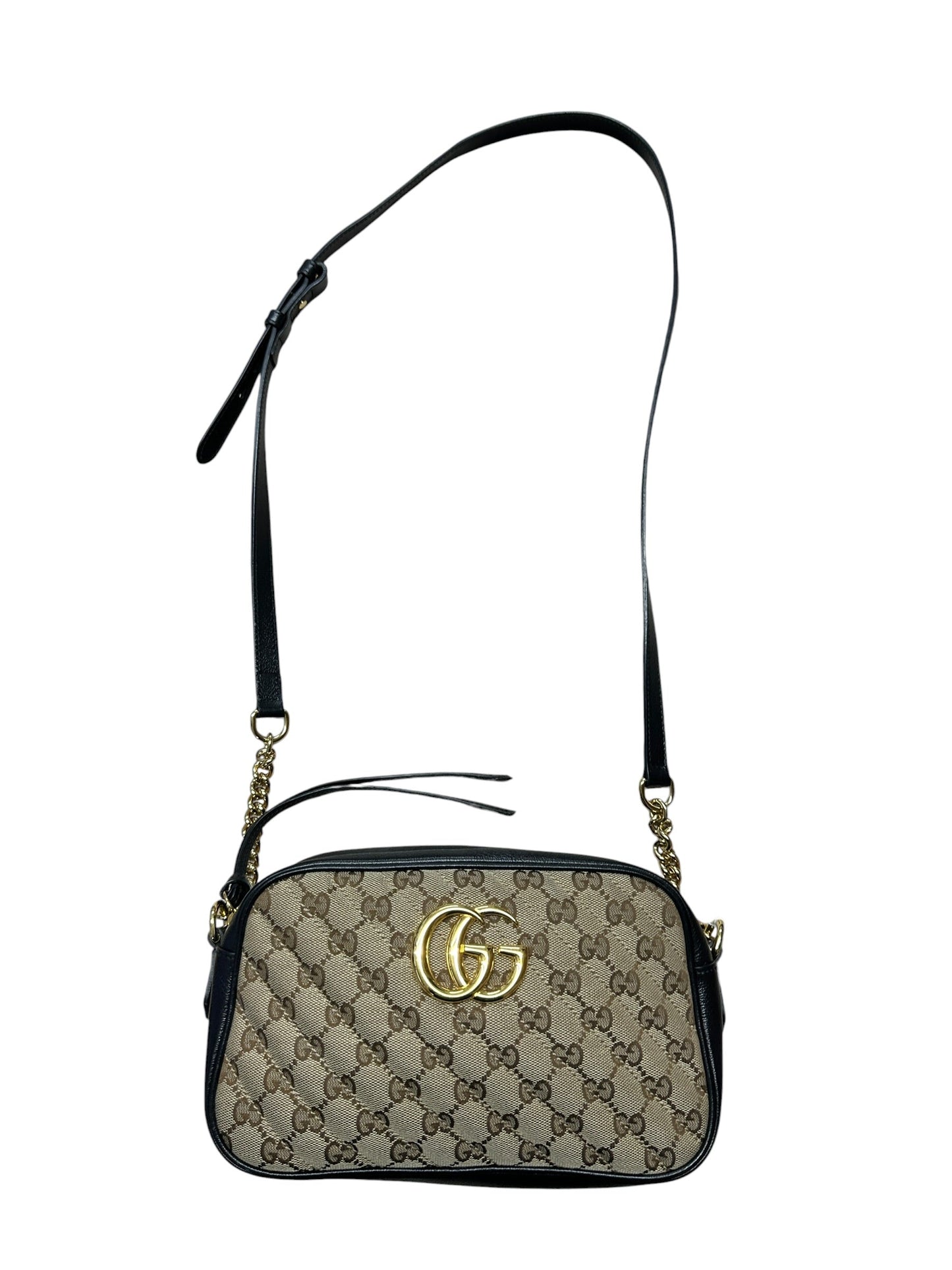 GUCCI GG Canvas Chain Shoulder Bag Beige Black Gold Hardware | Authentic Pre-Owned Luxury