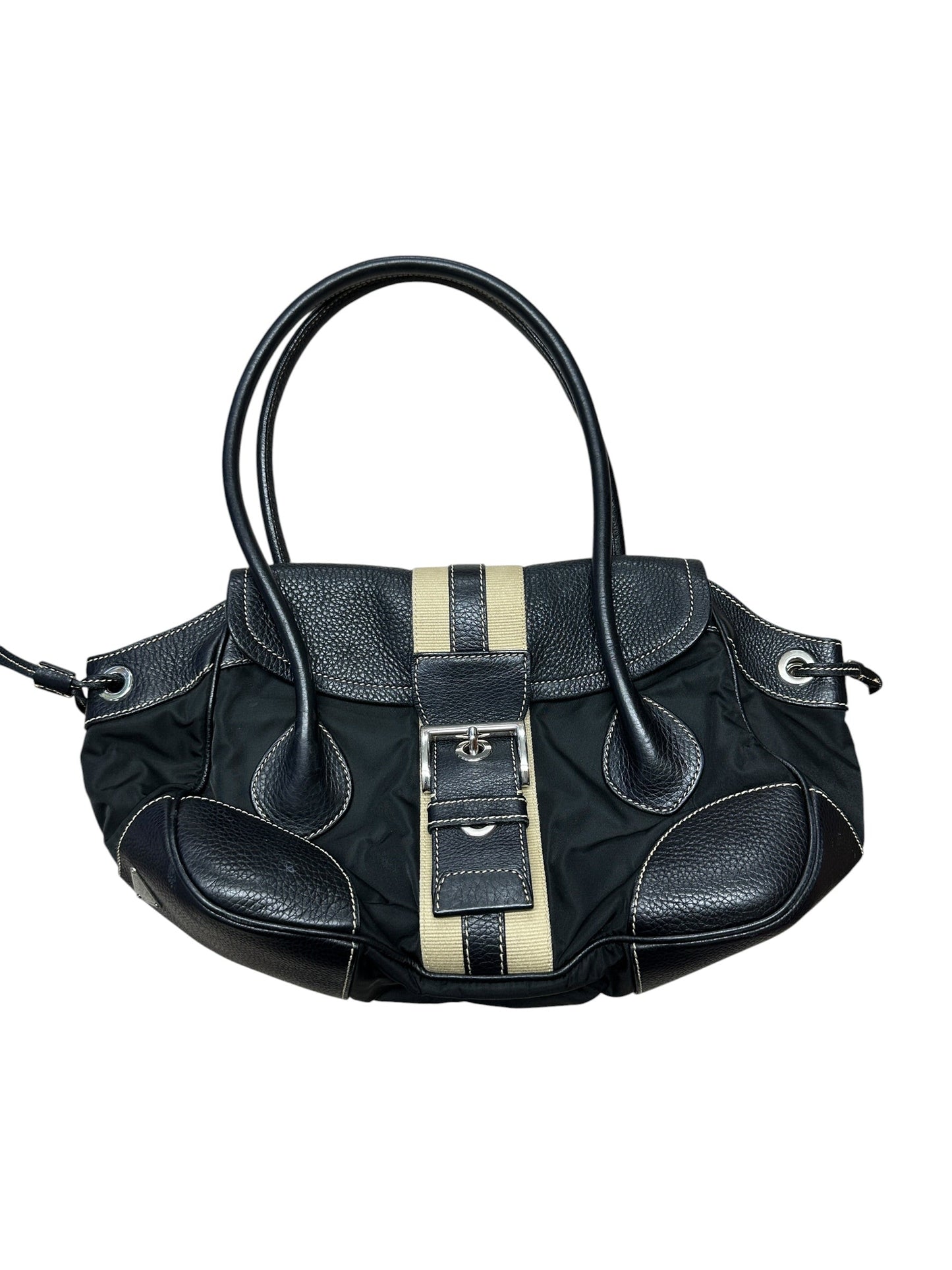 PRADA Tessuto Nylon Leather Buckle Handbag Black Silver Hardware | Authentic Pre-Owned Luxury