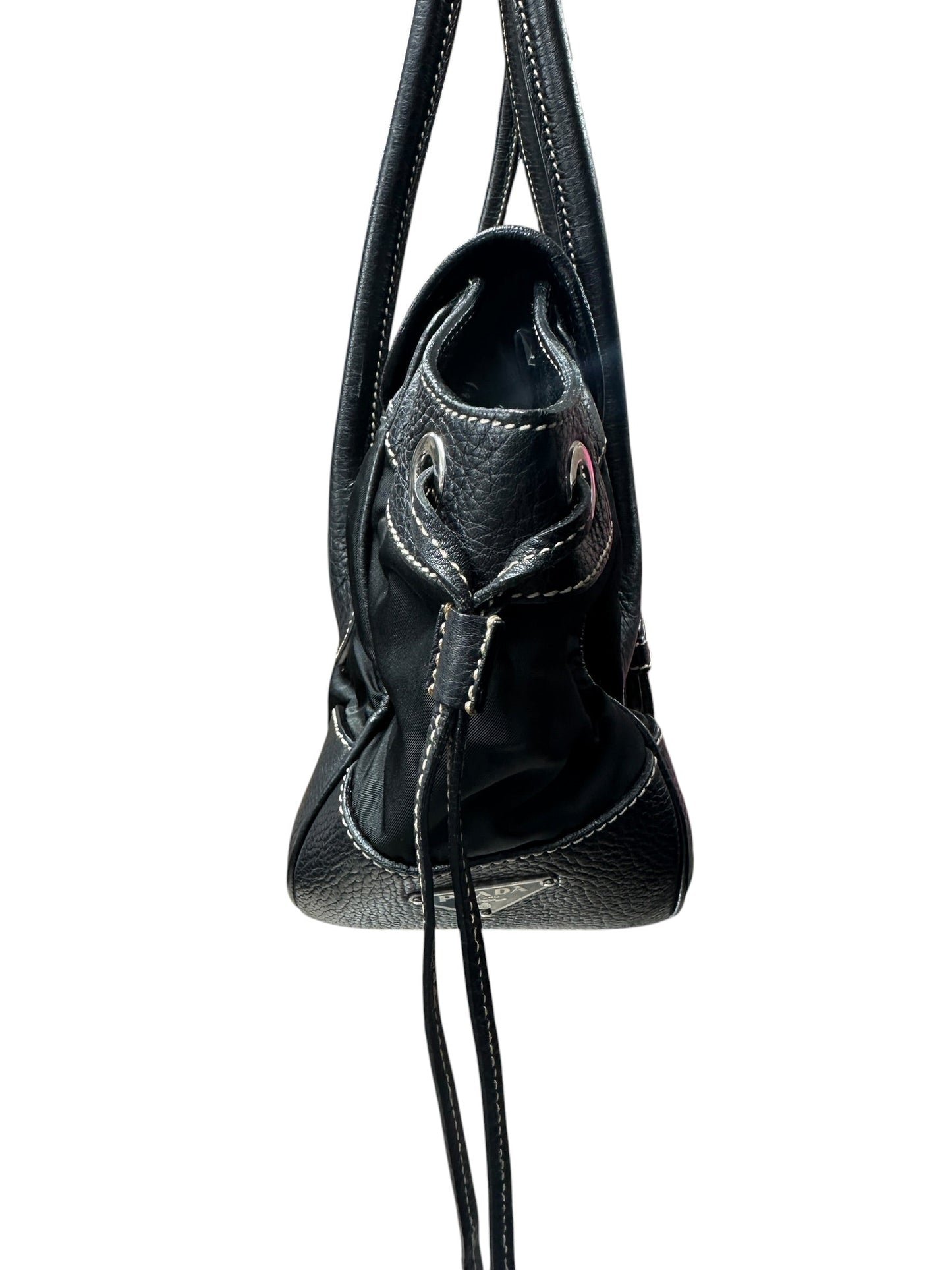 PRADA Tessuto Nylon Leather Buckle Handbag Black Silver Hardware | Authentic Pre-Owned Luxury