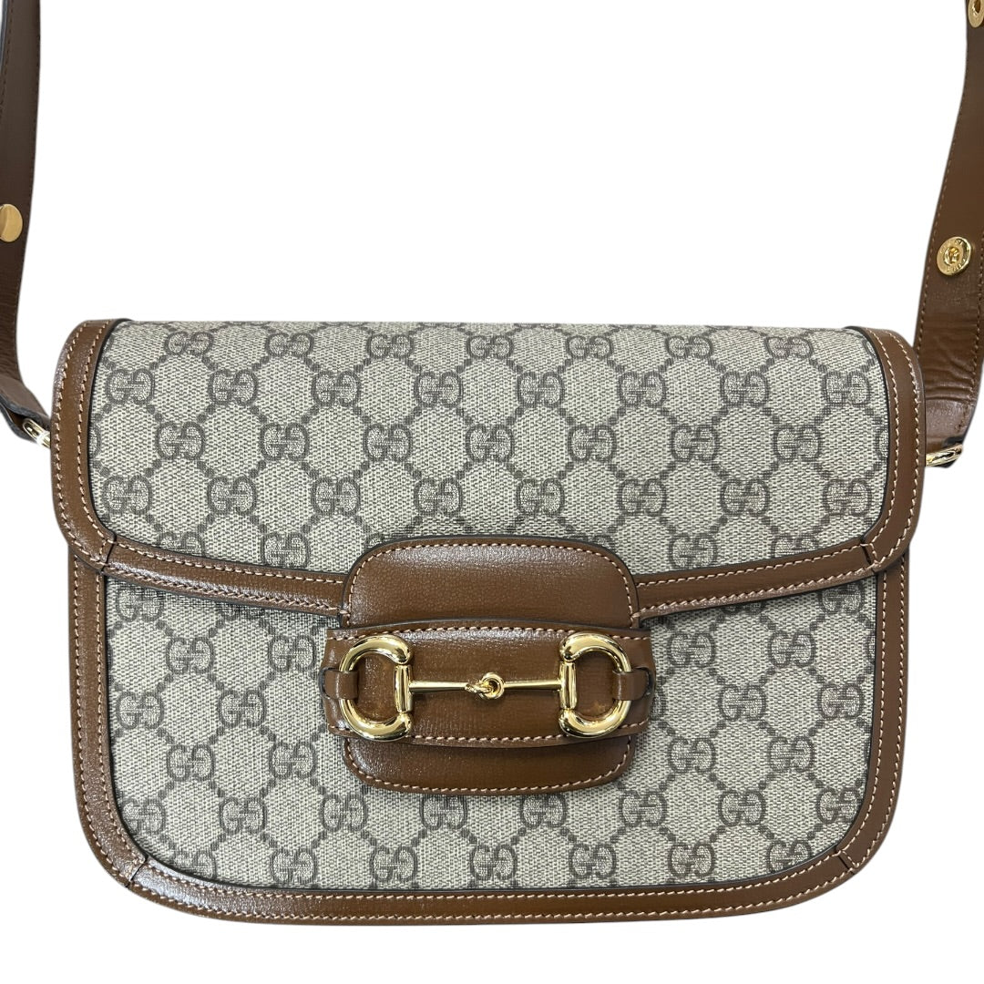 GUCCI GG Supreme Horsebit 1955 Shoulder Bag Beige Brown Gold Hardware | Authentic Pre-Owned Luxury