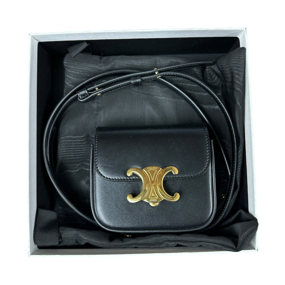 CELINE Smooth Calfskin Mini Triomphe Shoulder Bag Black Gold Hardware | Authentic Pre-Owned Luxury