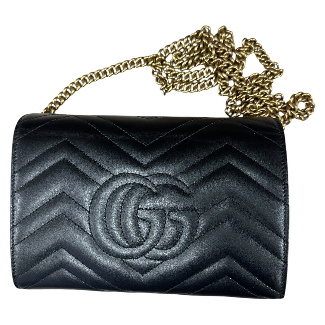 GUCCI Matelasse Leather GG Marmont Mini Wallet on Chain Crossbody Bag Black Gold Hardware | Authentic Pre-Owned Luxury