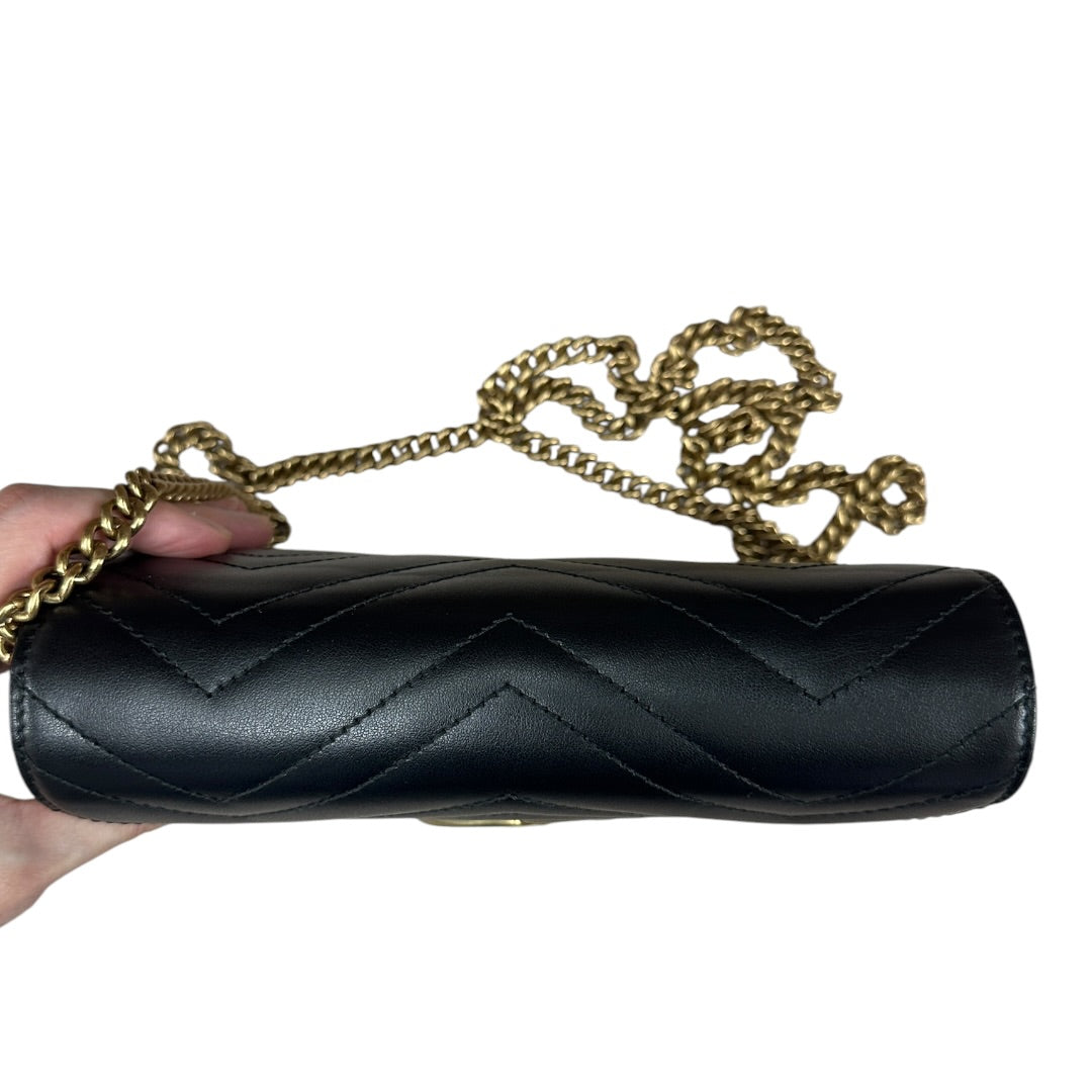 GUCCI Matelasse Leather GG Marmont Mini Wallet on Chain Crossbody Bag Black Gold Hardware | Authentic Pre-Owned Luxury