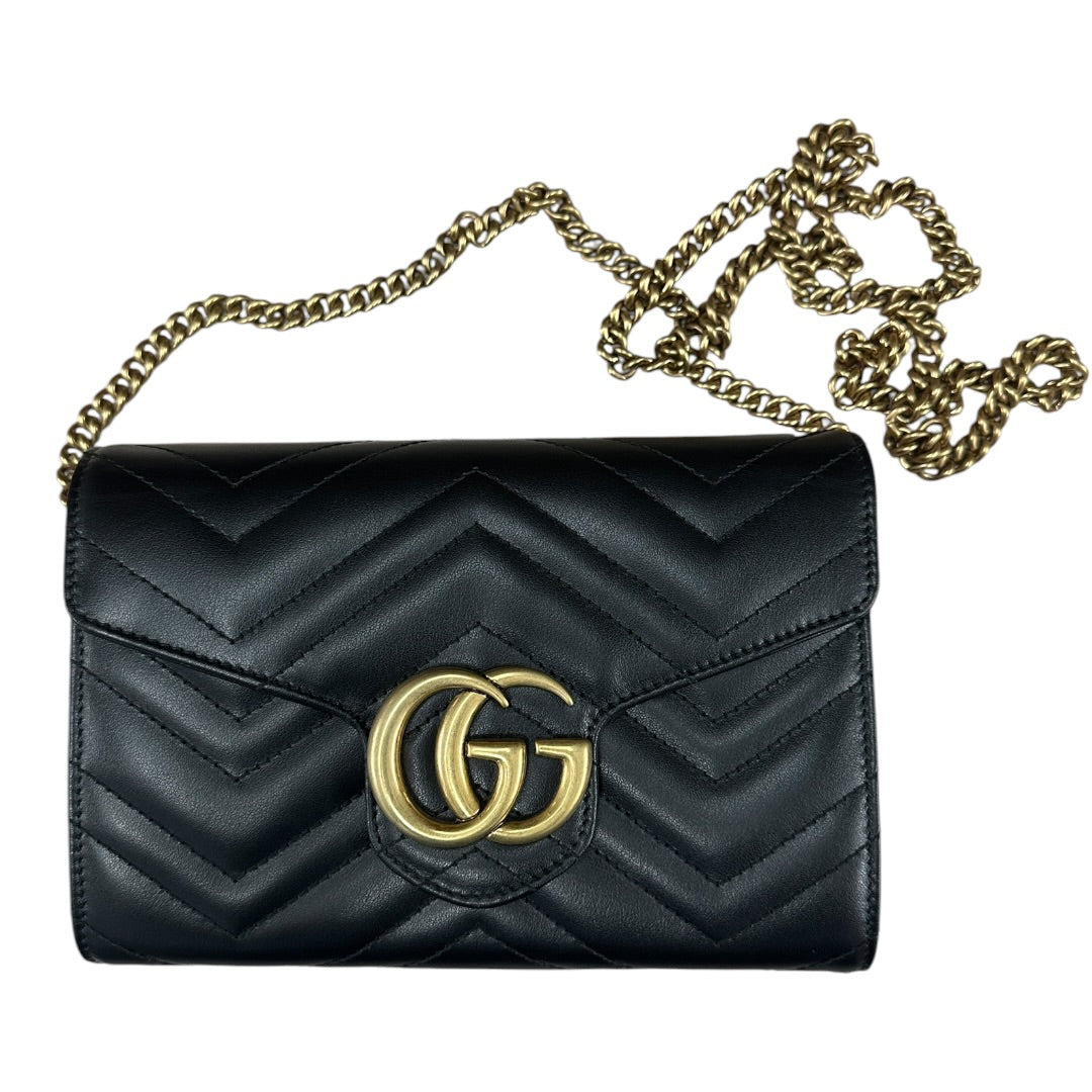 GUCCI Matelasse Leather GG Marmont Mini Wallet on Chain Crossbody Bag Black Gold Hardware | Authentic Pre-Owned Luxury