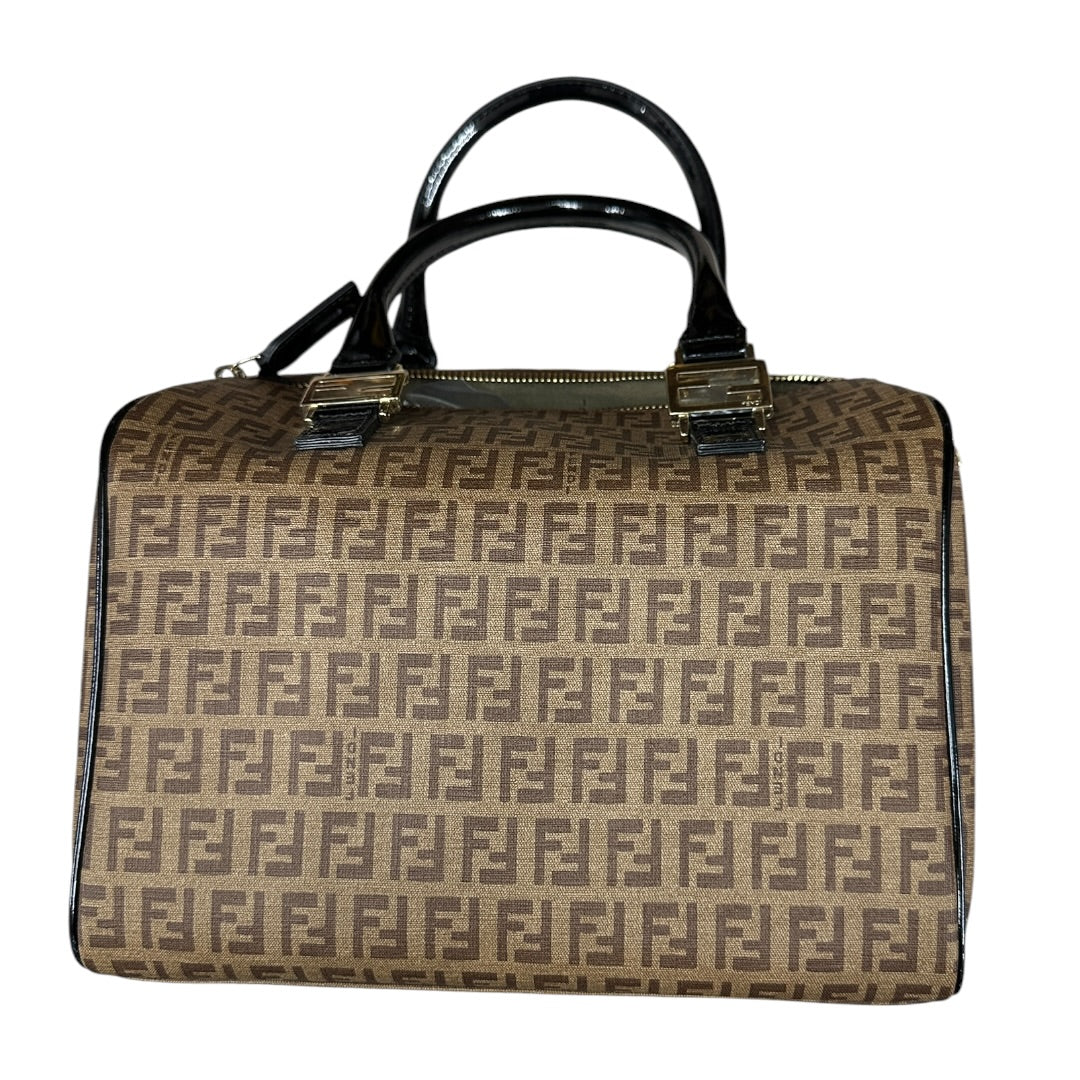 FENDI Zucchino Canvas Boston Handbag Brown Patent Trim Gold Hardware | Authentic Pre-Owned Luxury