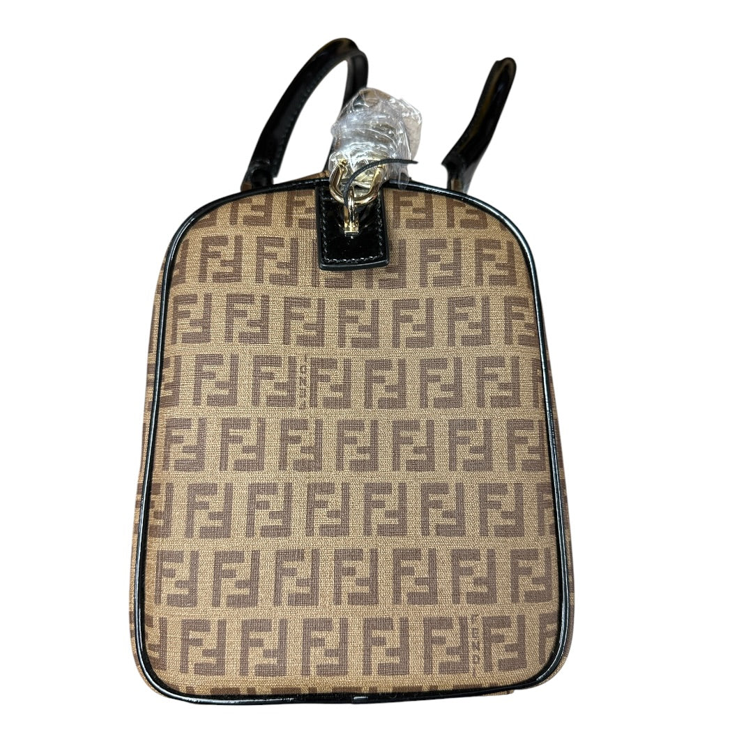 FENDI Zucchino Canvas Boston Handbag Brown Patent Trim Gold Hardware | Authentic Pre-Owned Luxury