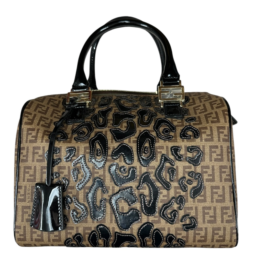 FENDI Zucchino Canvas Boston Handbag Brown Patent Trim Gold Hardware | Authentic Pre-Owned Luxury