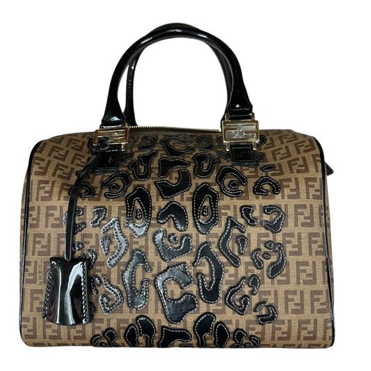 FENDI Zucchino Canvas Boston Handbag Brown Patent Trim Gold Hardware | Authentic Pre-Owned Luxury