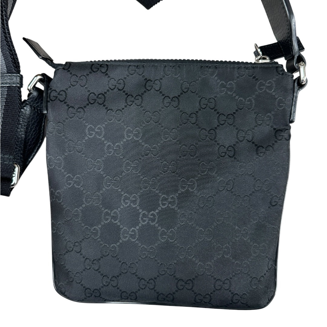 GUCCI GG Nylon Flat Messenger Crossbody Bag Black Silver Hardware | Authentic Pre-Owned Luxury