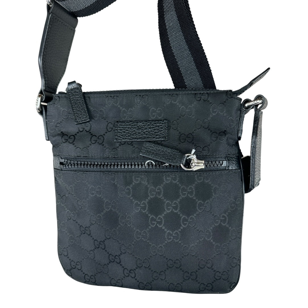 GUCCI GG Nylon Flat Messenger Crossbody Bag Black Silver Hardware | Authentic Pre-Owned Luxury