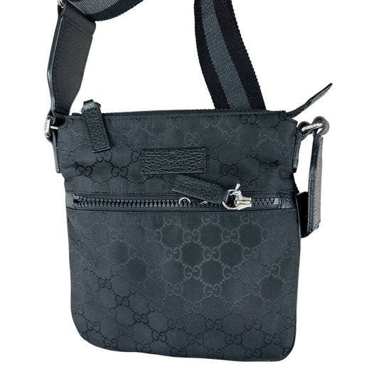 GUCCI GG Nylon Flat Messenger Crossbody Bag Black Silver Hardware | Authentic Pre-Owned Luxury
